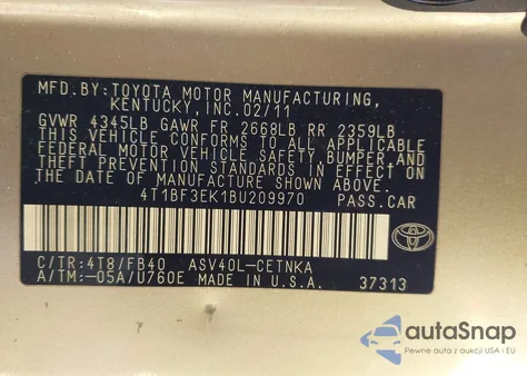 2011 Toyota Camry Le z USA, uszkodzony, nr VIN 4T1BF3EK1BU209970